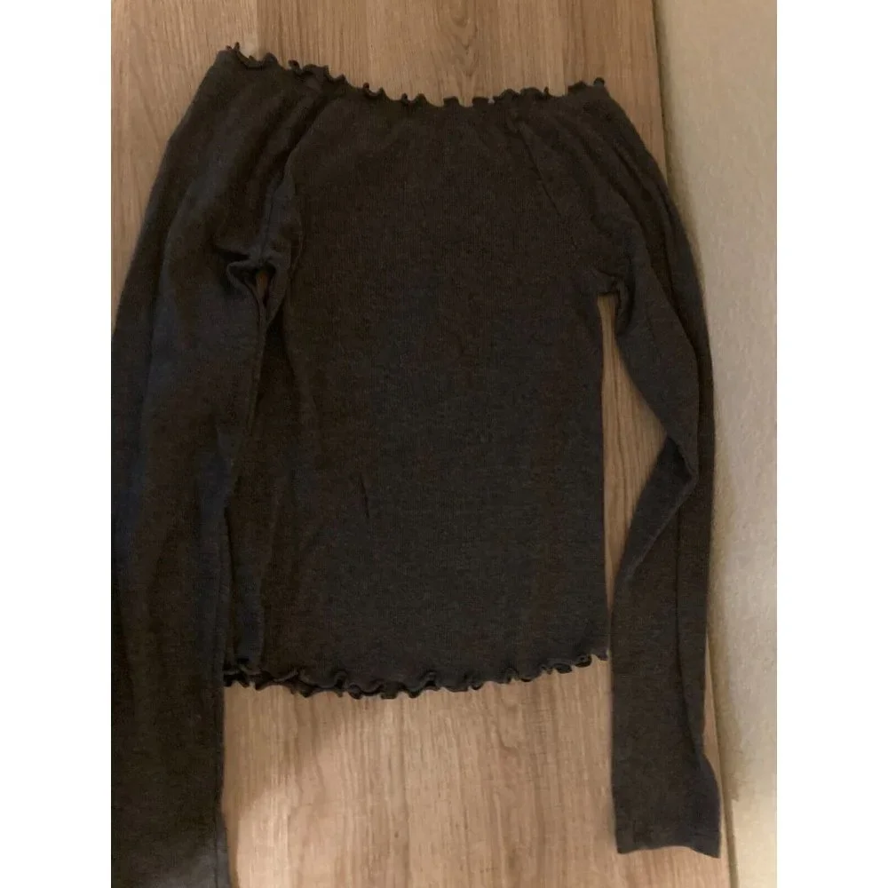Justice Long Sleeve 10 Sparkly Cotton Blend Top Dark Gray New York City Scallop